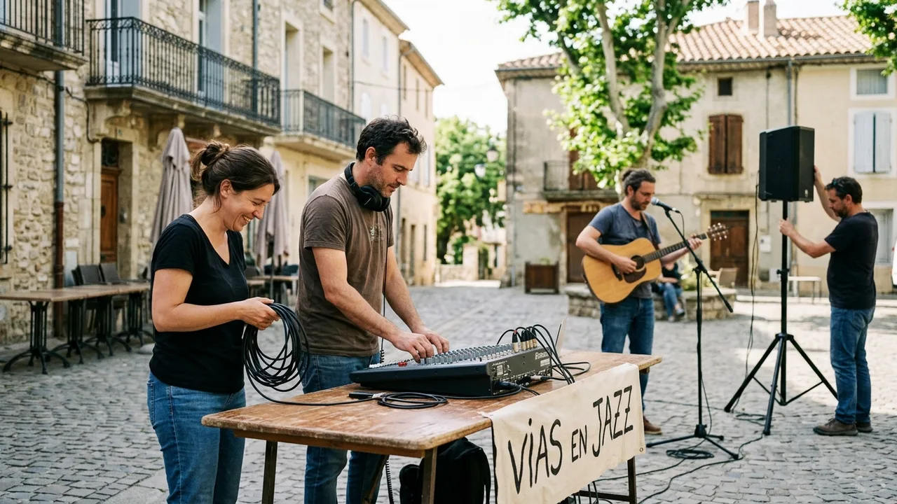 Équipe technique de l'association VIAS EN JAZZ en phase d'installation scénique